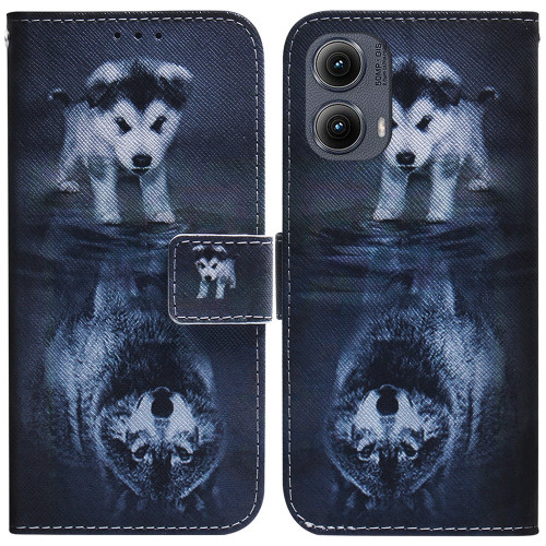 Motorola Edge 2024 Coloured Drawing Flip Leather Phone Case - Wolf and Dog